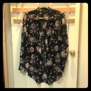 Black Floral Sheer Button Long Sleeve Shirt